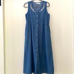 Vintage Stonybrook Maxi Dress Small Blue Button Modest Embroidered 90s Cottage